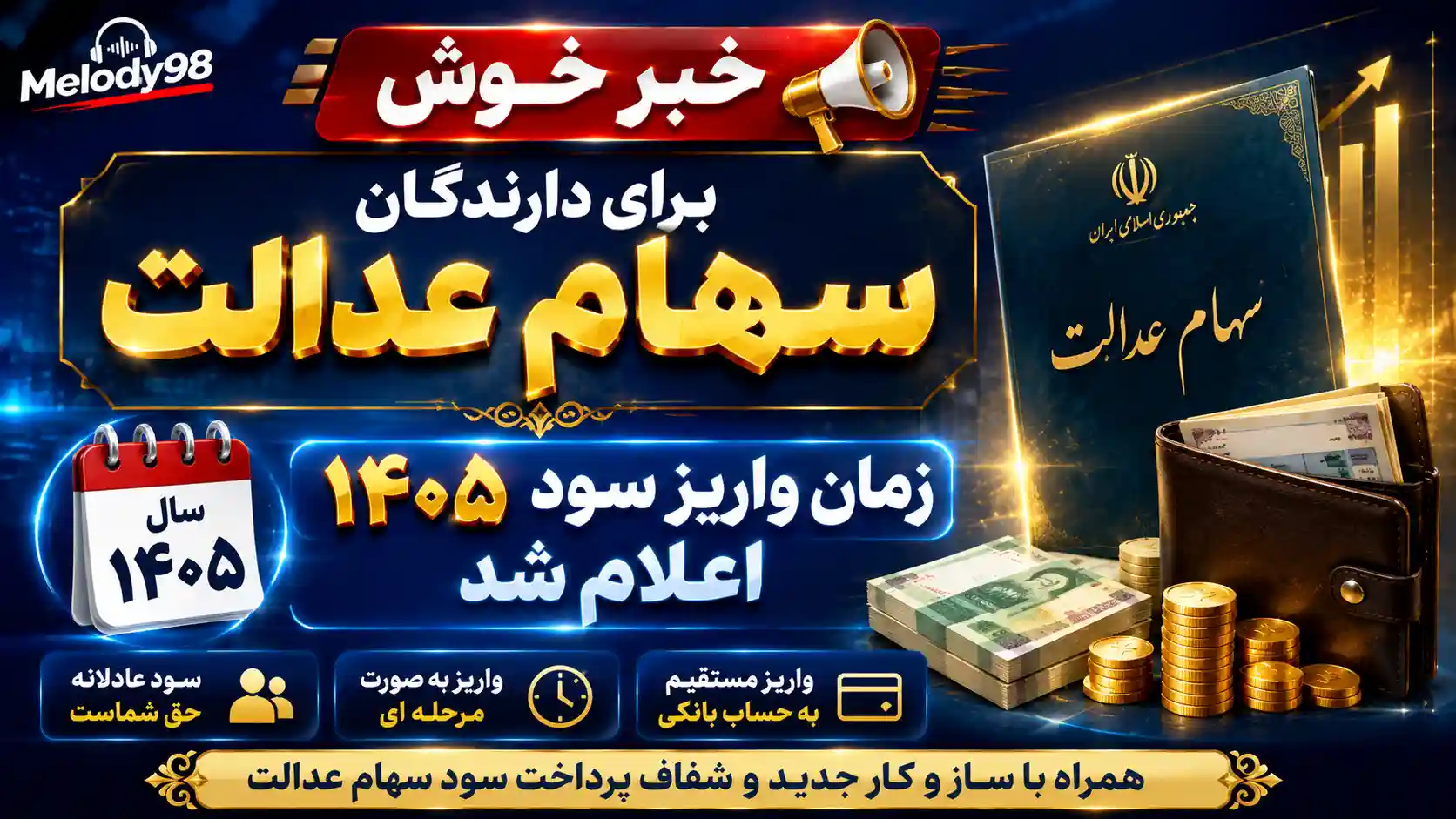 خبرخوش برای دارندگان سهام عدالت / زمان واریز سود ۱۴۰۵ اعلام شد خبرخوش برای دارندگان سهام عدالت / زمان واریز سود ۱۴۰۵ اعلام شد