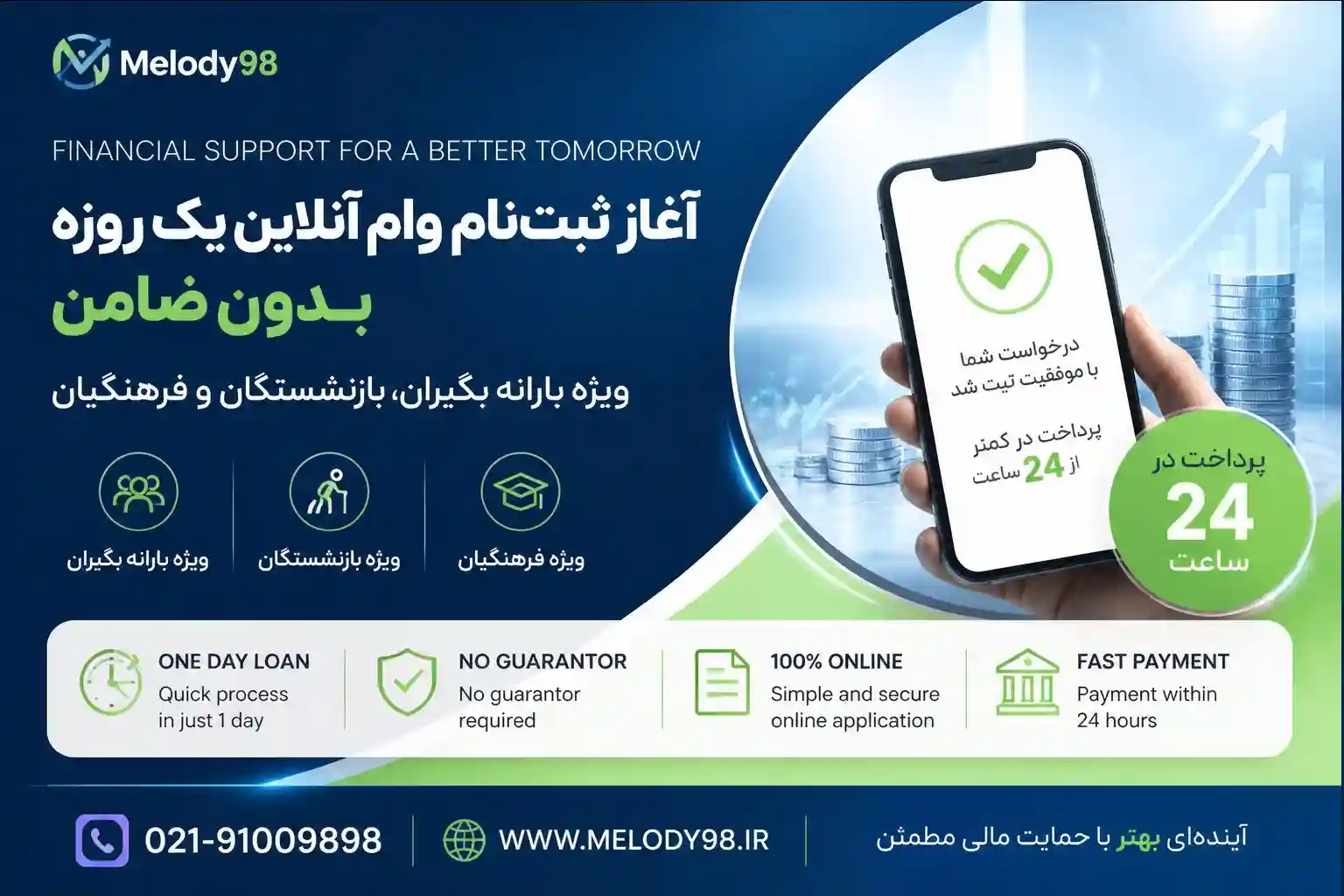 آغاز ثبتنام وام آنلاین و یک روزه بدون ضامن برای یارانه بگیران و بازنشستگان و فرهنگیان از فردا آغاز ثبتنام وام آنلاین و یک روزه بدون ضامن برای یارانه بگیران و بازنشستگان و فرهنگیان از فردا