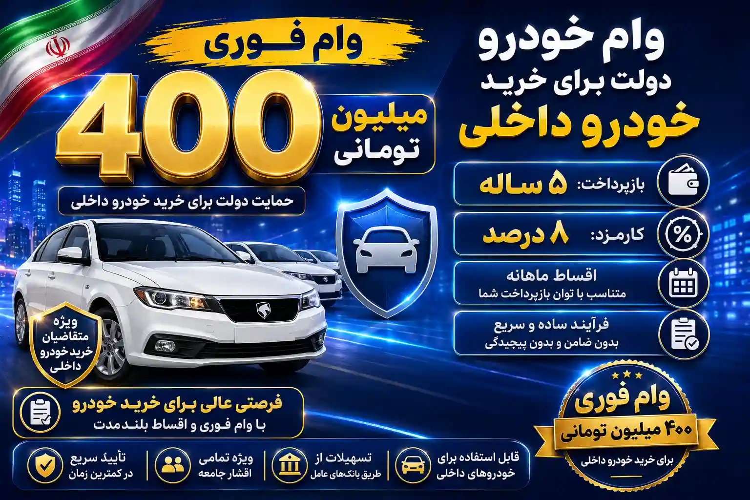 پرداخت وام فوری ۴۰۰ میلیون تومانی دولت برای خرید خودرو داخلی | وام خودرو با بازپرداخت ۵ ساله و کارمزد ۸ درصد پرداخت وام فوری ۴۰۰ میلیون تومانی دولت برای خرید خودرو داخلی | وام خودرو با بازپرداخت ۵ ساله و کارمزد ۸ درصد