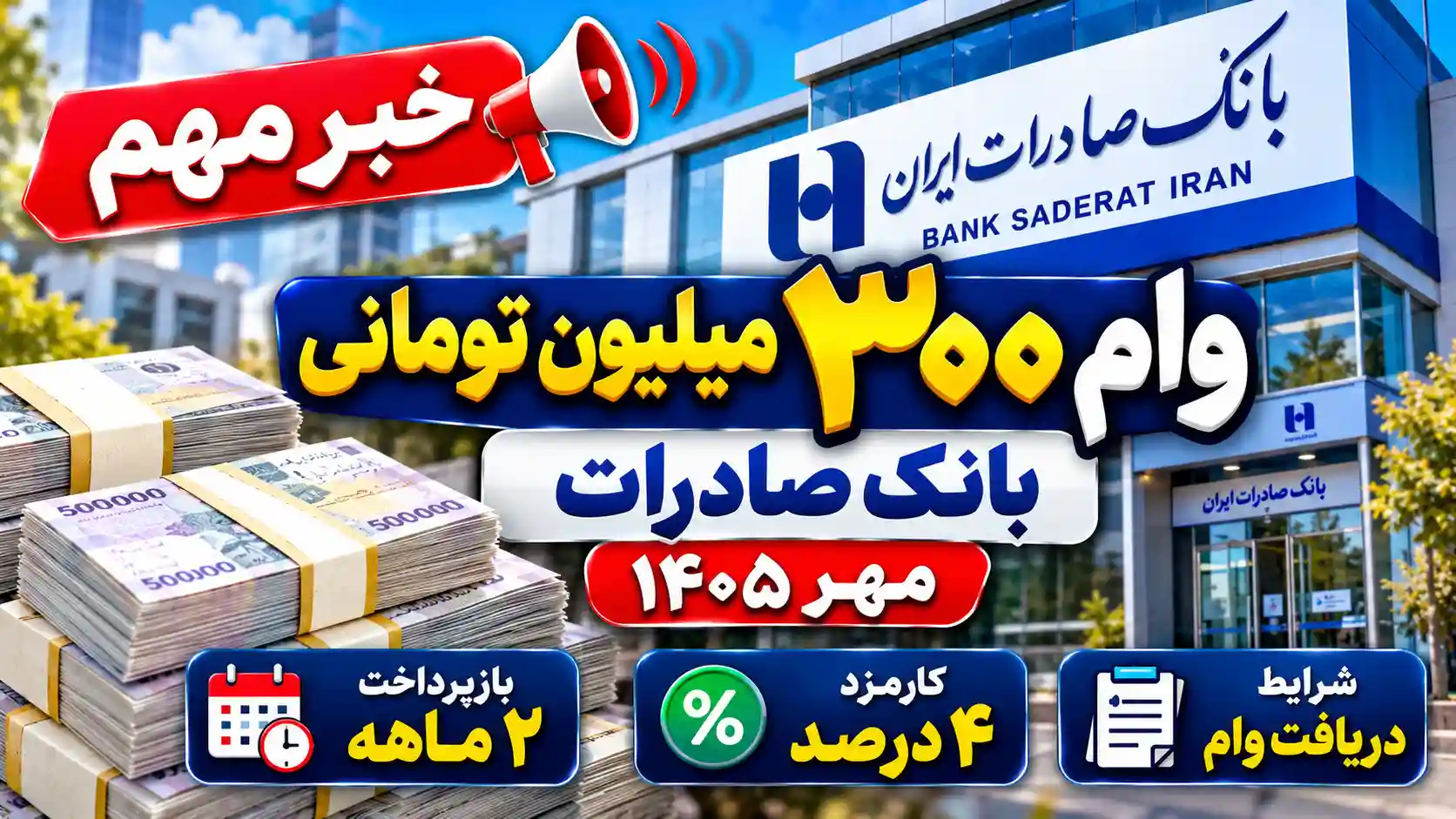 شرایط دریافت وام ۳۰۰ میلیون تومانی بانک صادرات مهر ۱۴۰۵ / دو ماهه و با کارمزد ۴ درصد وام بگیرید شرایط دریافت وام ۳۰۰ میلیون تومانی بانک صادرات مهر ۱۴۰۵ / دو ماهه و با کارمزد ۴ درصد وام بگیرید