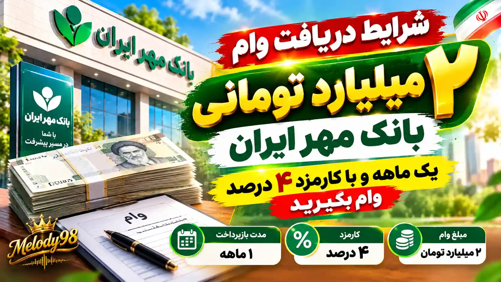 شرایط دریافت وام ۲ میلیارد تومانی بانک مهر ایران / یک ماهه و با کارمزد ۴ درصد وام بگیرید شرایط دریافت وام ۲ میلیارد تومانی بانک مهر ایران / یک ماهه و با کارمزد ۴ درصد وام بگیرید